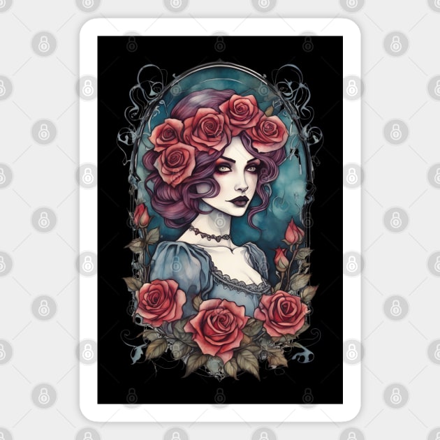 Victorian Gothic Lady with Red Roses Magnet by Ravenglow